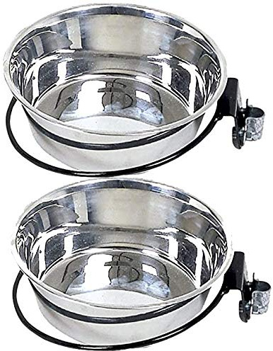 Packung mit 2 Futtertränken für Hunde mit Wandhalterung aus Edelstahl, Fassungsvermögen 1,75 l, kann als Tiertränke verwendet werden. Maße: Ø 21 cm, 43 x 22 x 7 cm.