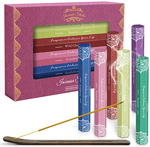 SCENTORINI Räucherstäbchen, Luxus Räucherstäbchen Geschenkset, Sandelholz, Patchouli, Afrikanische Veilchen, Erdbeere, Jasmin, Wildkirsche zur Entspannung und Meditation - 120 mit Stäbchenhaltern