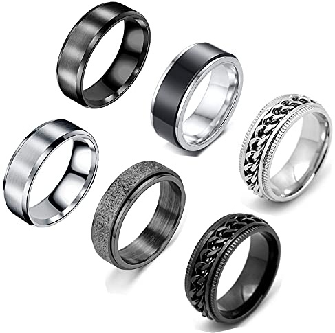 VELESAY 6 Stück schwarzer Edelstahlring für Männer Frauen Vintage Rock Gothic Ring Kette Ring Herren Schwarz Punk Kettenring Herren Edelstahl Frauen