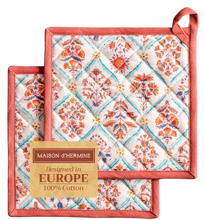 Maison d'Hermine Topflappen-Set, 100% Baumwolle (20 cm x 20 cm, 2er-Pack) | Hitzebeständig mit Schlaufe zum Grillen Backen Anfassen heißer Pfannen Thanksgiving und Weihnachten - Romane