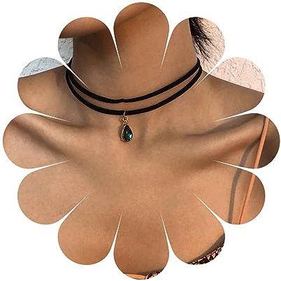 Yheakne Boho Layered Velvet Choker Halskette Teardrop Smaragd Pendant Halskette Short Schwarz Suede Halskette Gothic Schwarz Collar Necklace Chain Schmuck für Frauen und Mädchen (Grün)