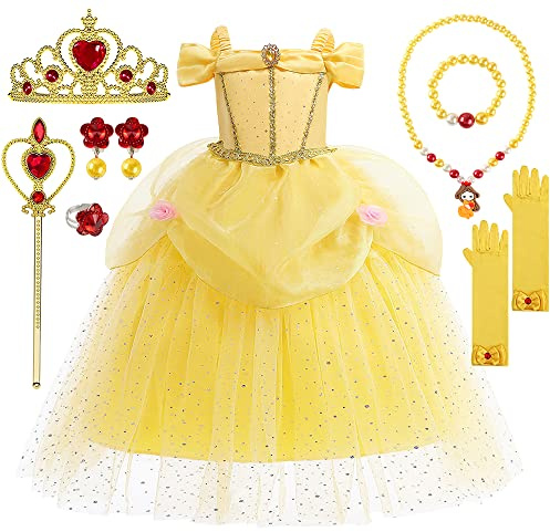 YYDSXK Disfraz Princesa Niña, Vestido Dorado con Set de Collares de Corona | Vestido Princesa Elegante Niña, Regalo para Niña, Vestido Dorado para Fiesta, Cosplay, Cumpleaños y Carnevale