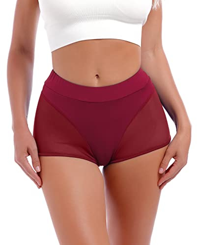 IBAKOM Femmes Rave Danse Shorts Yoga Workout Pantalons de Danse Activewear Musique Festival Tenues Short de Pole Dance Date Rouge L