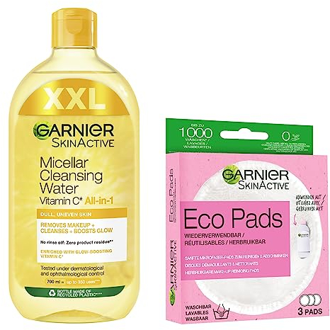 Garnier Mizellenwasser Set aus 700 ml XXL Gesichtswasser mit Vitamin C, für sanfte Reinigung & schonendes Abschminke + Waschbare Abschminkpads für gereinigte & weiche Haut, Aus Mikrofaser
