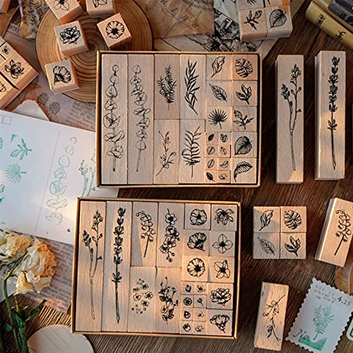 22 Stück Holzstempel Set, Blumen Alphabet Stempel mit Stempelkissen, Motivstempel Blüten, Gummi Vintage für Scrapbooking, Kinder DIY Karten Machen (A)