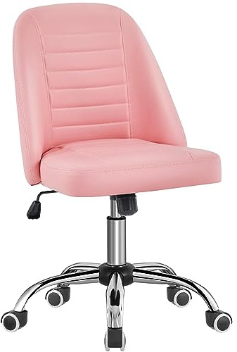 Yaheetech Silla de Oficina Ajustable en Altura Silla Giratoria de 360° Silla Ergonómica de Piel Sintética Silla sin Reposabrazo Silla con Ruedas Carga MAX 136 KG Rosa