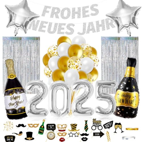 Silvester Deko 2026 XXL, New Year Decoration, FROHES NEUES Jahr Girlande, 2026 Folienballon, Fotorequisiten, Lametta Vorhang, Luftballons Gold Weiß für Silvester Neujahr Party Deko Silber