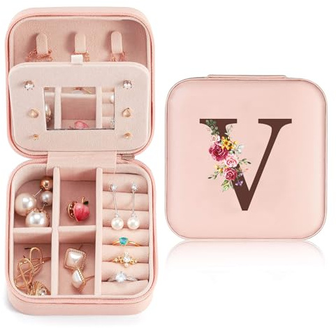 Sinekong Cajas de Joyería Personalizadas Con Inicial, Pequeño Joyero de Viaje con Espejo, Joyero Viaje, Joyero Pequeño para Mujer Niña Regalo de Cumpleaños Rosa(V)