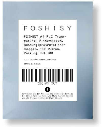 FOSHISY A4 PVC Transparente Folie, Klarsichtfolie, Spiralbindung, Klare Kunststoff-bindungsabdeckungen, Packung mit 100 (180 Mikron, klar, 100P)