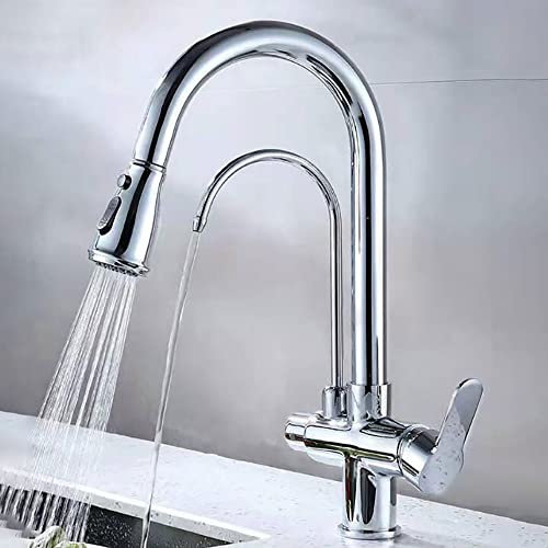 Wasserhähne, Küchenspüle-Wasserhahn mit herunterziehbarer Brause, 2 Griffe, 3-in-1-Wasserfilter-Reinigungsarmaturen, Messing-Trinkwasserhähne, Wasserauslass mit Vier Modi, 360°-Drehung/Galvanisierung