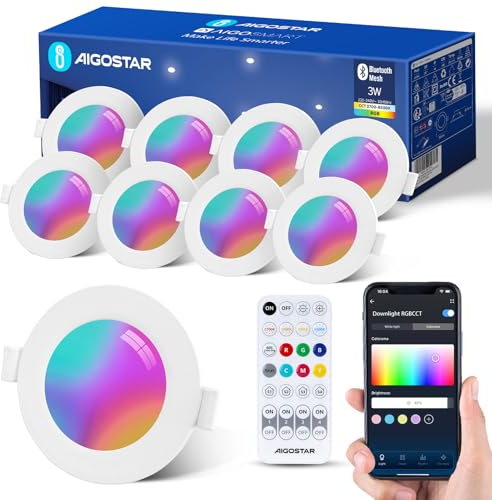 Aigostar LED Einbaustrahler 3W Dimmbar Intelligente Einbauleuchte, Einbauspot Kompatibel mit Alexa mit Fernbedienung Bluethooth Mesh, Farbe Einstellbar Weiße Licht 2700K-6500K, Ф68-80mm, 8 Stück