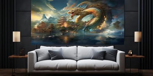 Diamond Painting Malen Nach Zahlen Erwachsene, Chinesischer Drache Diamond Painting Erwachsene 5D Diamant Painting Bilder, DIY Daiming Panting Cross Stickerei für Home Wanddekoration 65x130 cm,D682