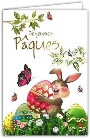 62-1026 Carte Joyeuses Pâques en Or Doré Brillant avec Enveloppe 12x17,5cm Illustration Lapin Chasse aux Œufs peints Papillons Fleurs Fête Printemps Création Édition Impression Fabrication Française