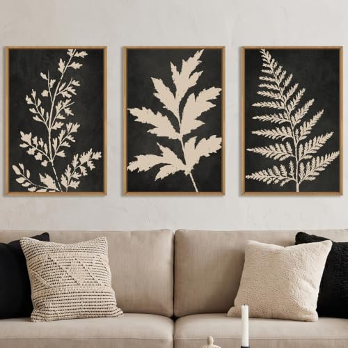 Ausril Black Tan Fern Leaf Framed Canvas Wall Art Set, Minimalist Botanical Wall Decor, Nature Fern Plant Silhouette Wall Painting, Modern Rustic Art Print for Living Room, Bedroom, Office -36x24x3