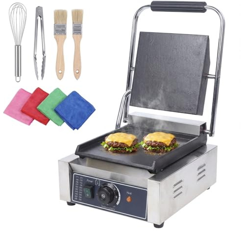 Commercial Panini Press Grill, 1800W Electric Stainless Steel Sandwich Maker, Portable Toaster with Handle Temp Control, Smooth Flat Surface Electric Griddle for Hamburger Steak Bacon