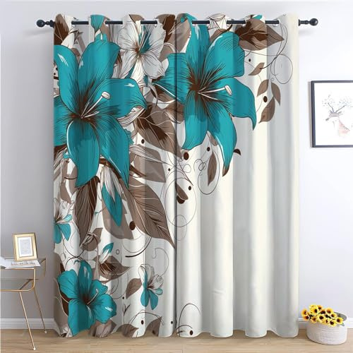 CozyRest Kinder Vorhänge Blaue Blumen Ösen Gardinen mit Blickdichte Thermo Vorhang Kälteschutz Blackout Curtain Kinderzimmer Schlafzimmer Ösenvorhang H 215 x B 110 cm