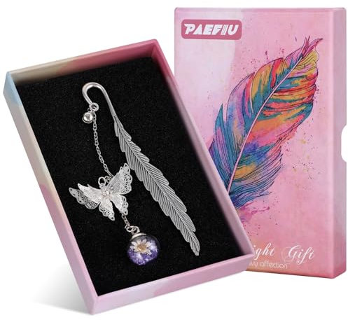 Lesezeichen Weihnachten, Lesezeichen Metall Feder Bookmark mit Schmetterling-Anhänger Weihnachtsgeschenke für Kinder Lehrer Freunde Booklover Geburtstag mit Geschenkbox
