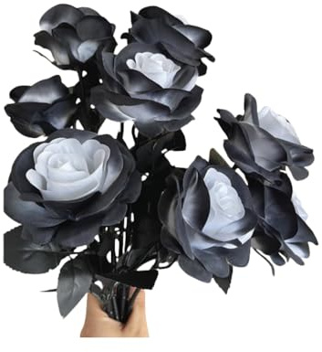 Xshelley 10 Bündel schwarz-weiße künstliche Rosen, kein Verblassen, einzelne Stiel, künstliche Seidenblumen, realistische Blütenflora, für Heimwerker, Zuhause, Halloween-Dekoration