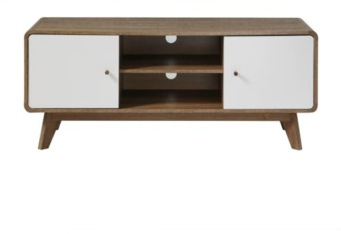Calicosy Meuble TV 2 Portes 2 Niches Décor Bois Foncé Style Industriel | Panneaux Mélaminés Robustes, Boutons En Bois, 4 Espaces De Rangement, L 128,5 x P 39 x H 53 cm, Salon Ou Chambre