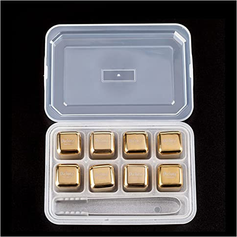QTANZIQI Whiskey-Steine, goldene Eiswürfel aus Edelstahl, Wiederverwendbare Kühlsteine ​​aus Metall und zusätzliche Zange, Set für Männer, Vater, Freund, 8 Whiskey-Steine