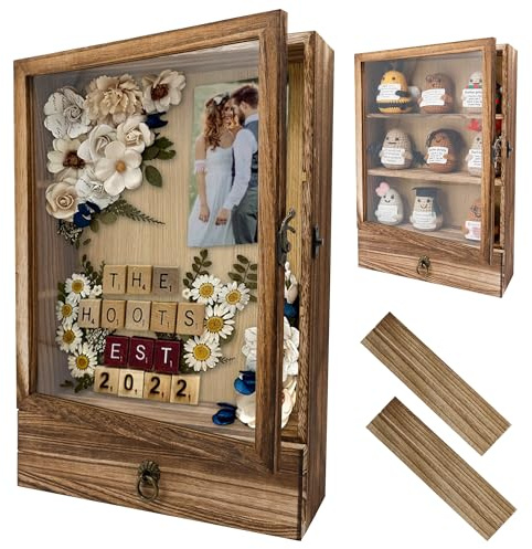 Hodeframe Shadow Box Frame with Drawer and Shelves, 2.6 Deep Shadow Box Display Case with Real Glass, Wooden Memory Box for Pictures, Memorial, Medals, Flowers, Wedding Bouquet for Wall or Tabletop
