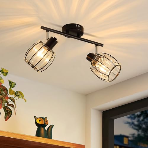 ZMH Deckenstrahler 2 Flammig Vintage Schwarz Kristall E14 Flurlampe | Deckenleuchte Retro Metall Strahler 350 Grad Schwenkbar Spots Innen Deckenflur Küche Wohnzimmer Schlafzimmer