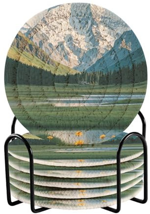 Summer Snow Mountain Meadow Yellow Daisies Casters Set with Holder 6 Pack Coasters for Drinks House Bar Accessories
