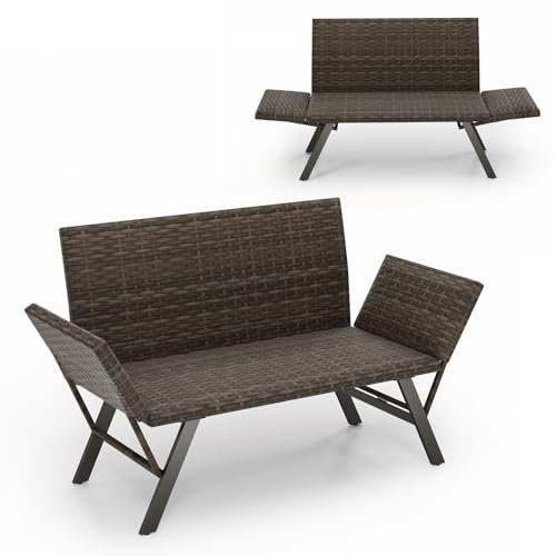 GYMAX Gartenbank Polyrattan, Sitzbank mit Liegefunktion, Terrassen Sofa mit verstellbaren Armlehnen & Metallrahmen, Outdoor 2 Sitzer Garten Balkon Sofa, Liegestuhl für Hinterhof, Garten & Terrasse