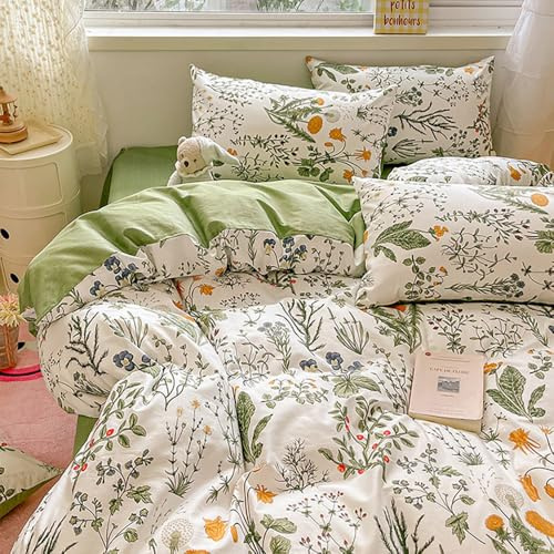 Michorinee Bettwäsche 155x220 Baumwolle Grün Weiß Blätter Blumen Pflanzenmuster Bettbezug Set 2 Teilig Floral Blümchen Blumenmuster Weich Bettwäsche-Sets mit 1 Kissenbezüge 80x80 cm und Reißverschluss