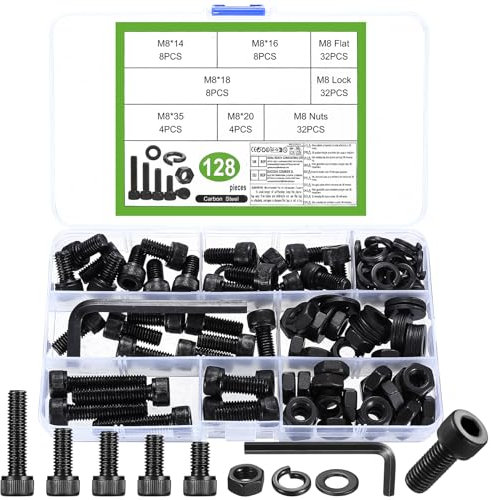 128 Pcs Set de Vis M8, Boulons et écrous et Rondelles, Boulons Vis à Tête Cylindrique à Six Pans Creux et écrous, Assortiment deVis à Tête Creuse Hexagonale Ronde Allen Noires, avec Clé(M8)