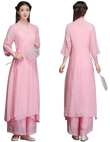 DAYKET Ensemble de 3 Pièces pour Femme, Tenue de Tai-chi Traditionnelle Chinoise à Manches Trois-Quarts pour Exercices Matinaux de Kung-fu, Wing Chun,Pink-M