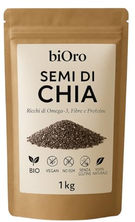 biOro Semi di Chia 1kg – 100% Naturali | Ricchi di Fibre, Proteine, Omega-3 | Vegan, Senza Glutine, No OGM | Superfood per Yogurt, Smoothie, Ricette Facili | Busta Kraft Richiudibile
