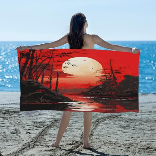 MPTPTM Quick Dry Beach Towel, Red Moon Mountain Bamboo Lightweight Travel Towel, Sand Resistant and Absorbent Beach Towel for Swimming Camping Hiking