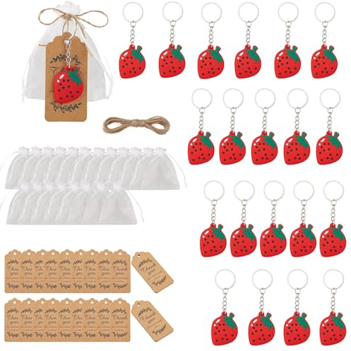 Integrity.1 20 Piezas Llaveros Pequeños de Fresa, 20 Llaveros de Fresa con 20 Bolsas de Organza y 20 Etiquetas de Agradecimiento, Recuerdo de Fiesta Prenatal, para Cumpleaños,Artículos de Fiesta