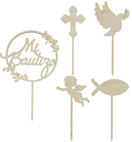Jecdfs 5pcs Topper Tarta Madera Mi Primera Comunión,Cake Topper de Madera Mi Bautizo Set Decoracion Tarta,Decoración de Baby hower,Decoracion Tartas Comunions para Fiesta Bautizo Comunións Español Niñ