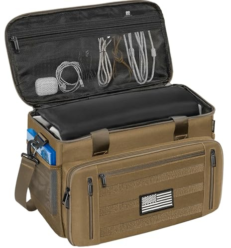 OUUTMEE Tactical Carrying Bag Compatible with PS5/PS5 Pro/PS5 Slim Console, Travel Console Carry Case with Multi-Pockets for 15.6 Laptop, Controllers, Discs and More Accessories