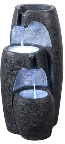 Teamson Home Wasserspiel für den Garten, modern, 3-stöckig, kaskadierend, mit LED-Lichtern, Schwarz