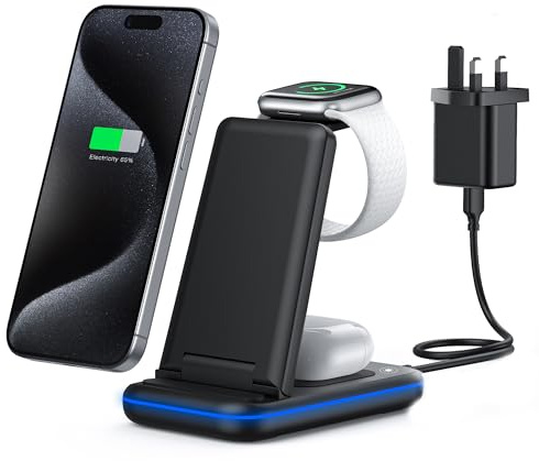 TECKNET 3 in 1 Wireless Charging Station,Fast Wireless Charger Stand for iPhone 17/16/15/14/13/12 or Samsung, Apple Watch & AirPods with 18W UK Adapter-Black
