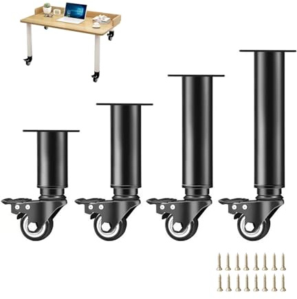 XLHWJCP 2Pcs Patas de Mesa de Metal Patas de Muebles de Altura Ajustable con Rueda y Freno Patas de Repuesto Resistentes para Escritorio/tocador de computadora DIY (Negro,Los 41-62cm)