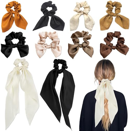 YiiHHooN Haargummi mit Schleife, 10 Stücks Seiden Haarschleifen, Schleife Haare mit Langem Band Elastisches Satin Haargummi Scrunchie Pferdeschwanz Haar Accessoires für Frauen