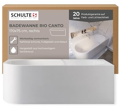 Schulte Badewanne Rio Canto rechts 170x75 cm mit Schürze | Komplettset aus Acryl in Weiß glänzend mit vormontierter Schürze, Fußgestell und Ablaufgarnitur.