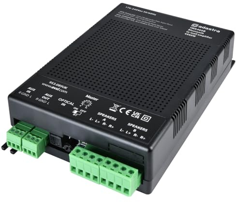 Adastra | IWA460B Amplificatore Bluetooth a parete | Amplificatore stereo a 4 canali 4 x 60 W @ 4Ω multi-zona classe D con ingressi Bluetooth, ottici e AUX | Audio compatto a parete per musica