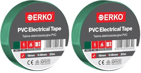 ERKO Cinta aislante Verde PVC 19mm x 20m Reparación de conductos eléctricos, Alta flexibilidad con fuerte adhesión, Resistente a productos químicos, Cloruro de Polivinilo (Paquete de 2)