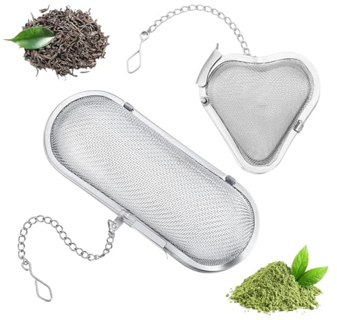 YAZWUR 2 Piezas Infusor de Té de Acero Inoxidable, Colador de Té con Cadena, Infusionador de Té y Esfera para Especias para Té Suelto y Mezclas de Especias (Ovalado y en Forma de Corazón)
