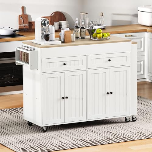 ZKLOEP Isola per cucina su ruote, Piano di lavoro estensibile con tavolo da pranzo e cassetti, Isola da cucina mobile indipendente, Ideale per cucina e sala da pranzo (Bianco+Naturale)