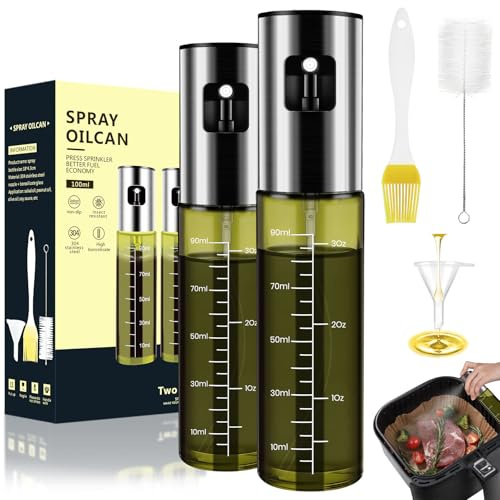 Cozxra Ölsprüher für Speiseöl, 2 Stück Öl Sprühflasche Glas, UV-Schutz Ölspray zum Kochen Olivenöl Zerstäuber Heißluftfritteuse Öl Spray airfryer mit Trichter Silikonpinsel für Salat Grillen Backen