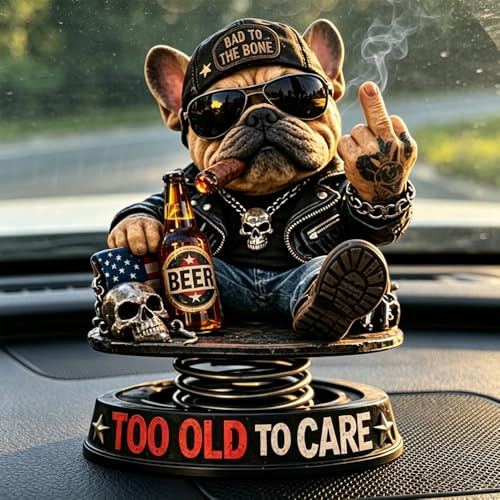 KUWUNG Too Old To Care Dashboard Bobblehead, Funny Car Accessories Tough Bulldog Bobble Head Figure, Easy Placement Stability, Funny Resin Nodding Head Dog Ornament, Dashboard Accessories