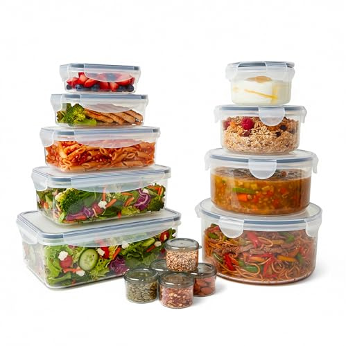 Baroni Home Set 28 Pezzi Contenitori per Alimenti in Plastica, 14 Contenitori e 14 Coperchi, Contenitori Ermetici Salvafreschezza Impilabili, per Microonde Lavastoviglie Frigorifero