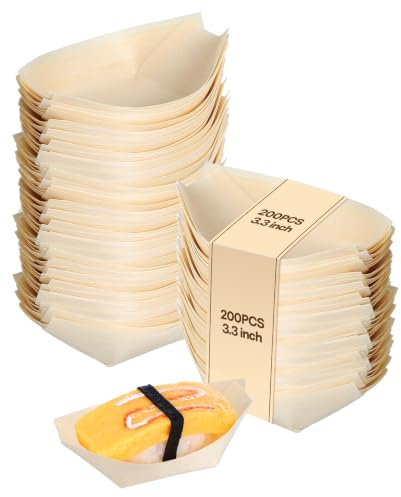 Bamboo Boat Plates 200PCS - 8.5cm/3.3 Inch Wooden Sushi Serving Trays | Disposable Mini Appetizer Boats for Charcuterie Display, Eco-Friendly Natural Snack Bowls for Buffet, Garden Party, Weddings