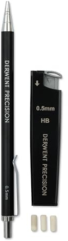 Derwent 0.5 mm Precision Mechanical Pencil, HB Leads and Erasers Included, Professional Quality, 2302428, Black